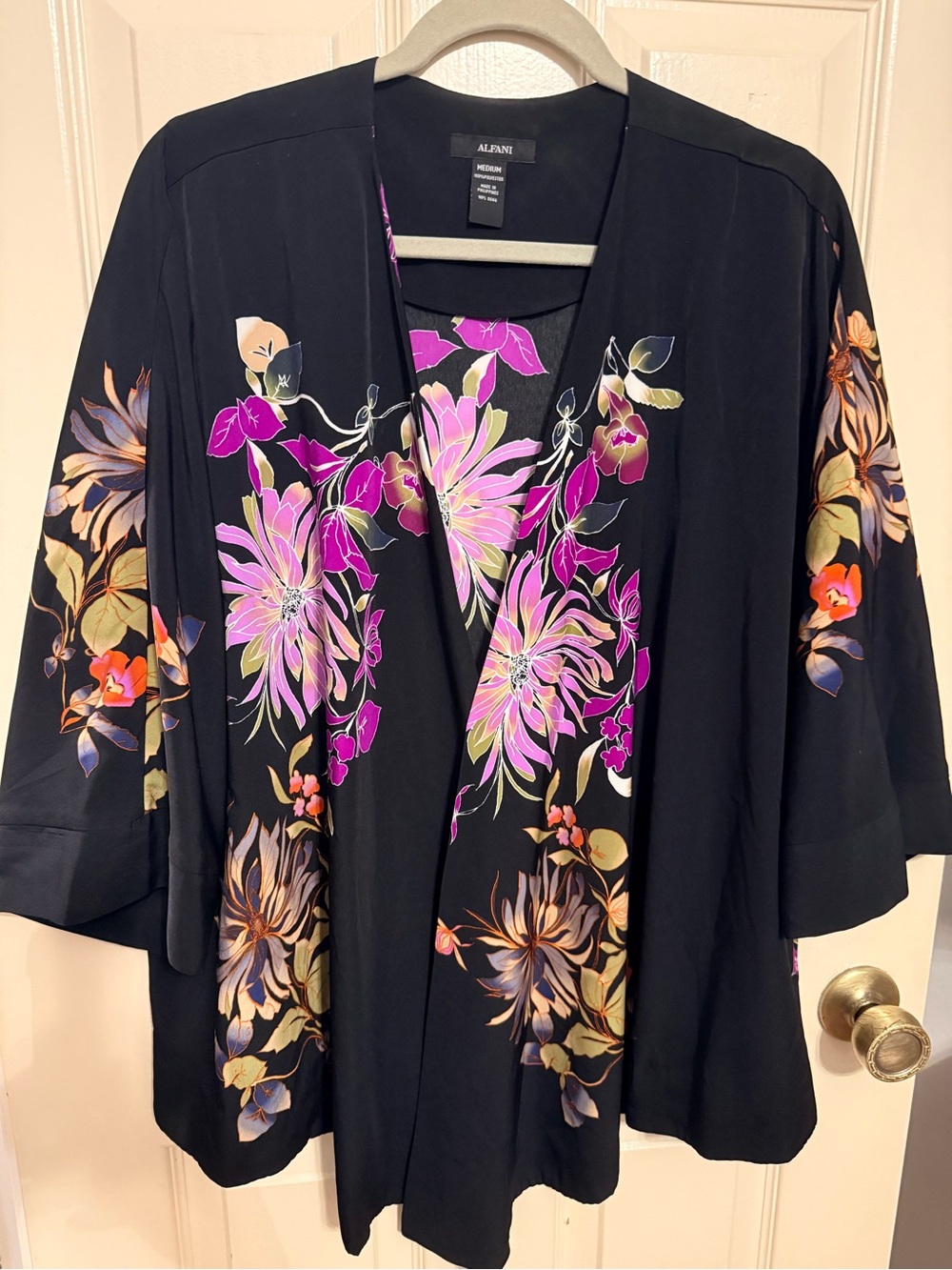 Alfani Black Floral Open-Front Kimono Cardigan with Pink/Purple Blooms Sz Med